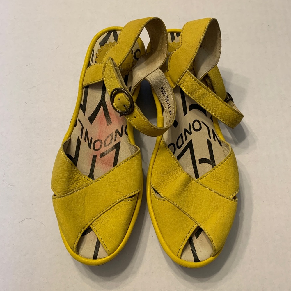 FLY London Leather Peep-toe Wedge Yellow Sandals 6